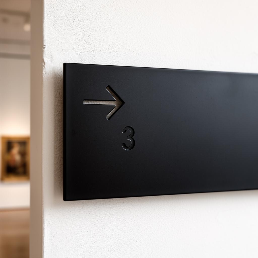 Matte black wayfinding plaque on a wall